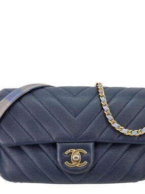 Chanel Mini Rectangular Flap Chevron Leather Crossbody Bag Navy Blue